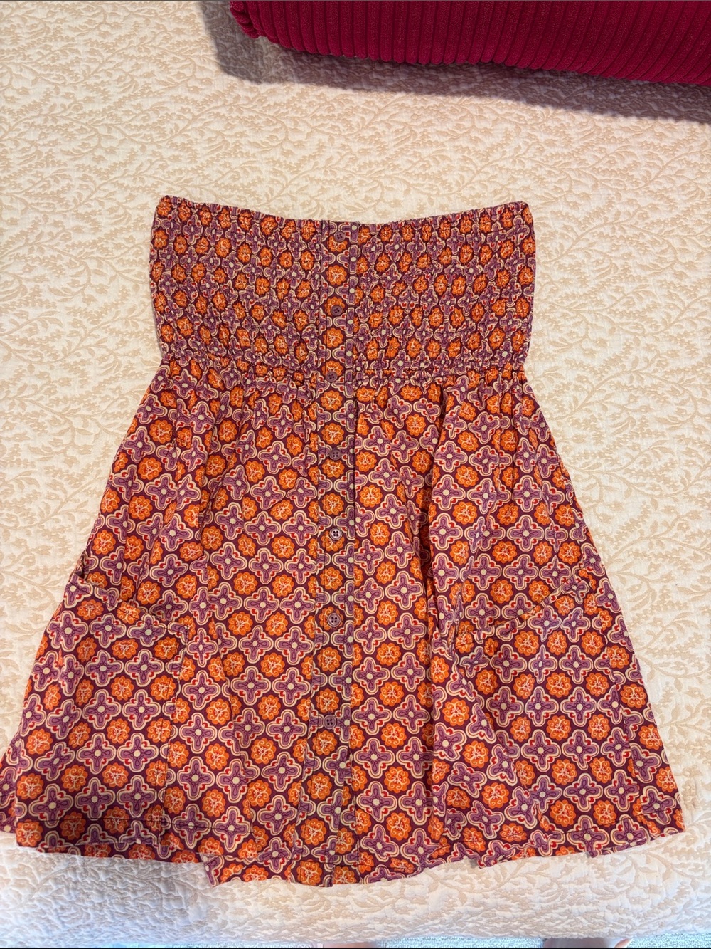 Smocked Strapless Orange & Purple Patterned Women's Top